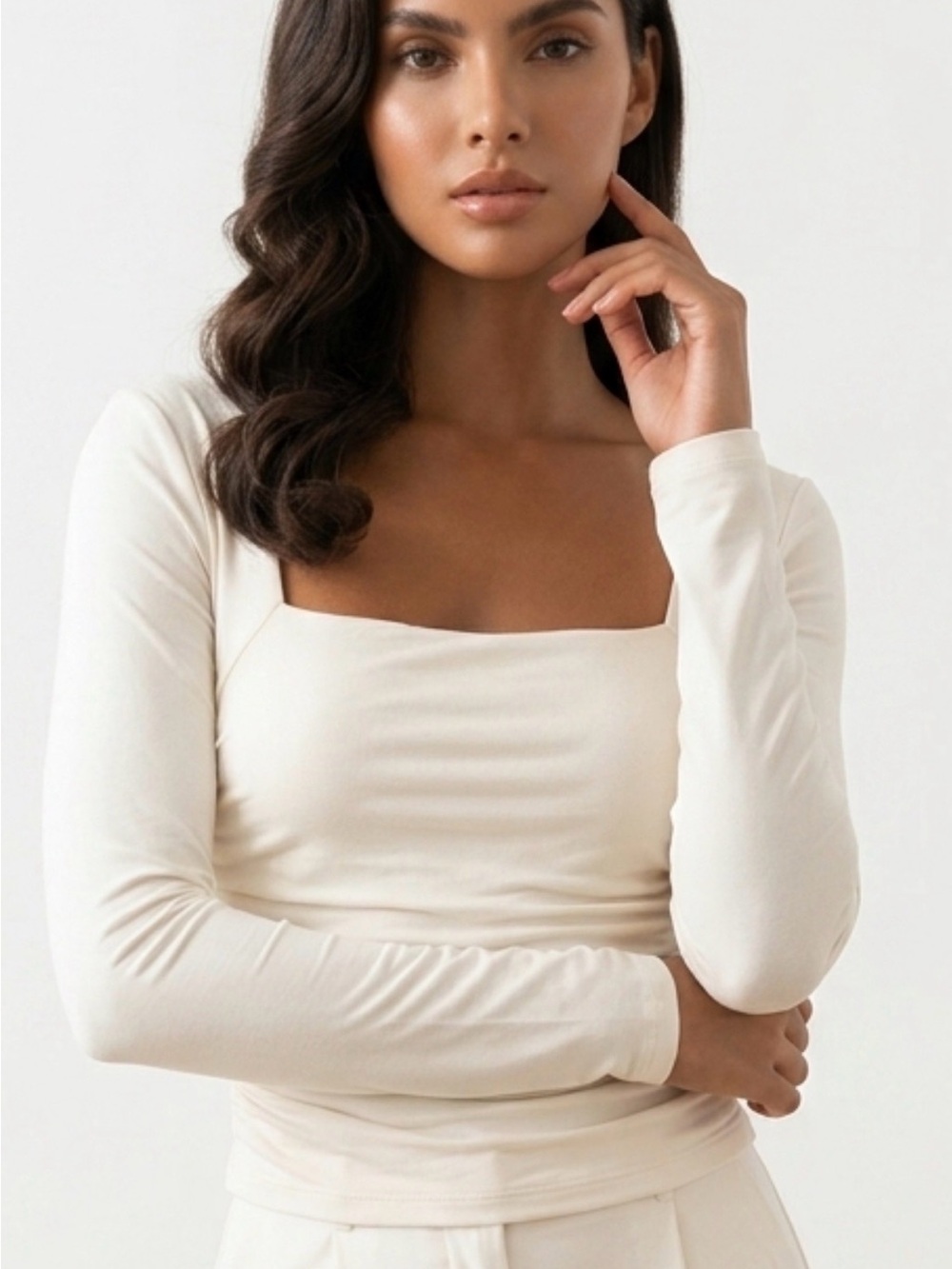 Derek Heart Cream Square-Neck Long Sleeve Top